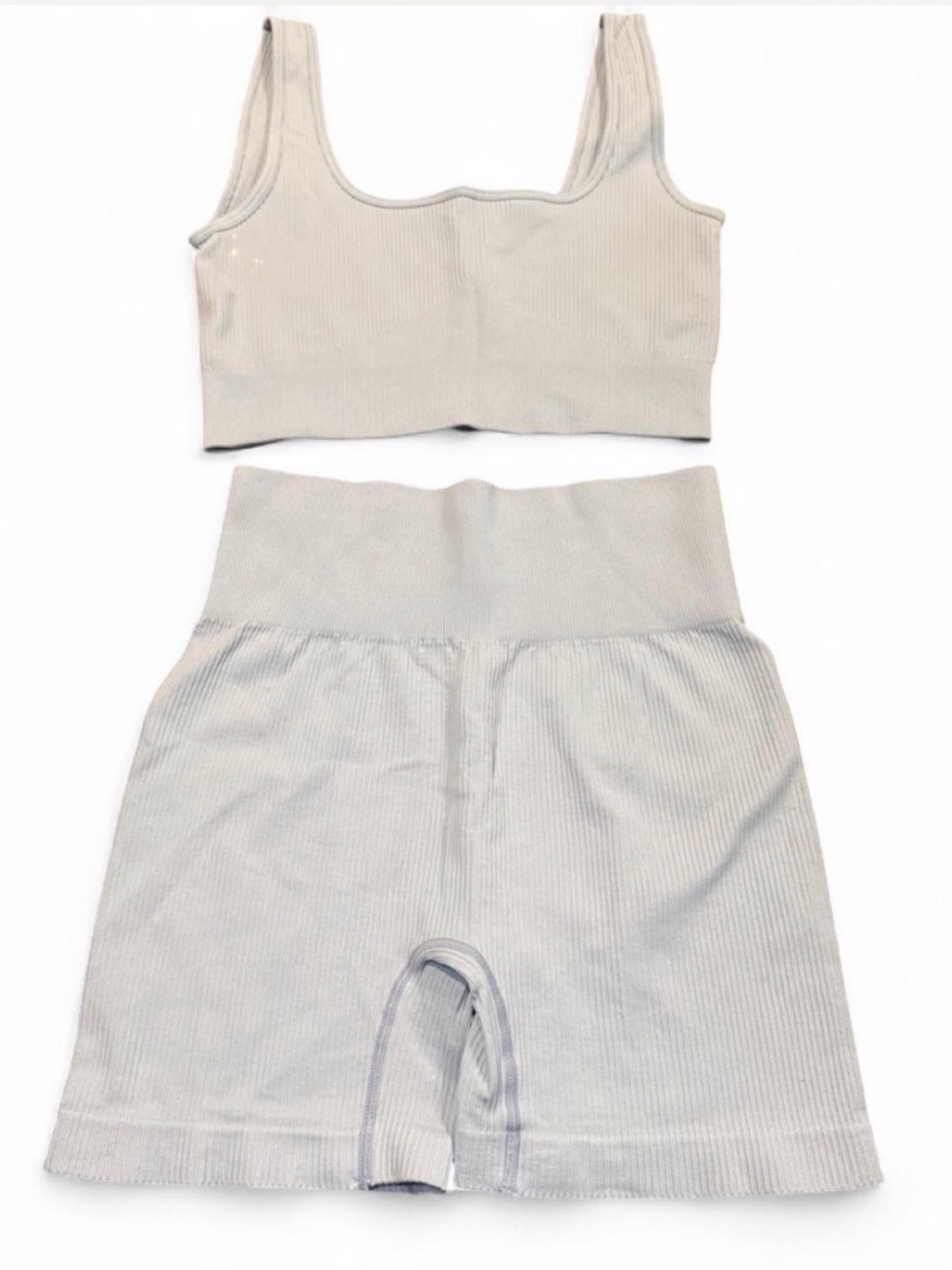 Source Unknown Ribbed Seamless Crop Bra & High-Waist Shorts Set - Cream
